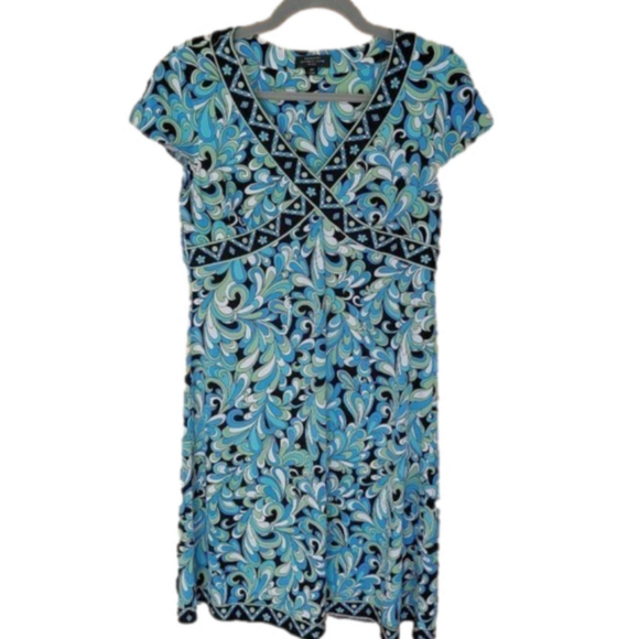 Tahari Blue Floral Dress Short Sleeve Size 8 Petite - Picture 1 of 4